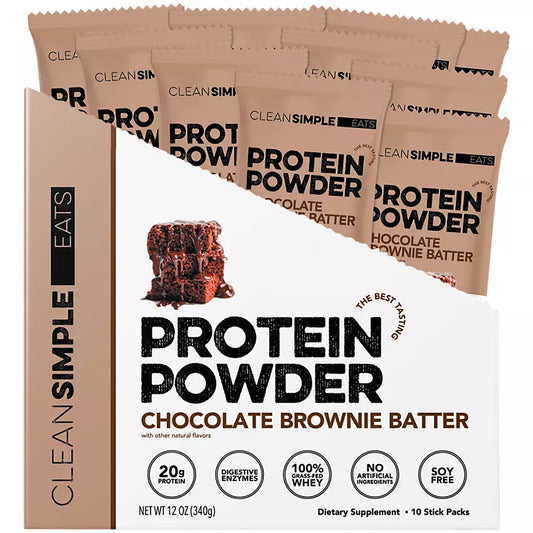Clean Simple Eats Whey Protein Packets - 100% Grass Fed with 20g Protein - Chocolate Brownie Batter (10 Single Serving Packets)