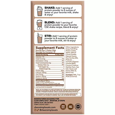 Clean Simple Eats Whey Protein Packets - 100% Grass Fed with 20g Protein - Chocolate Brownie Batter (10 Single Serving Packets)
