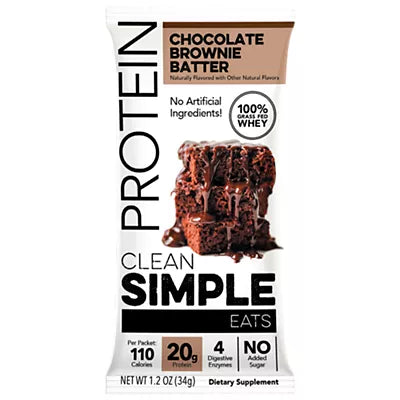Clean Simple Eats Whey Protein Packets - 100% Grass Fed with 20g Protein - Chocolate Brownie Batter (10 Single Serving Packets)