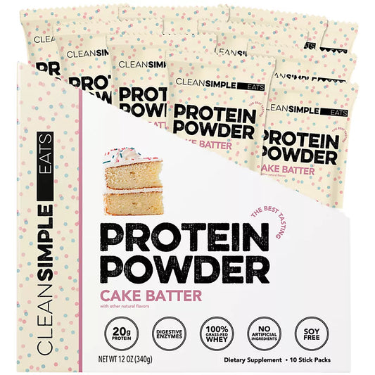Clean Simple Eats Whey Protein Packets - 100% Grass Fed with 20g Protein - Cake Batter (10 Single Serving Packets)