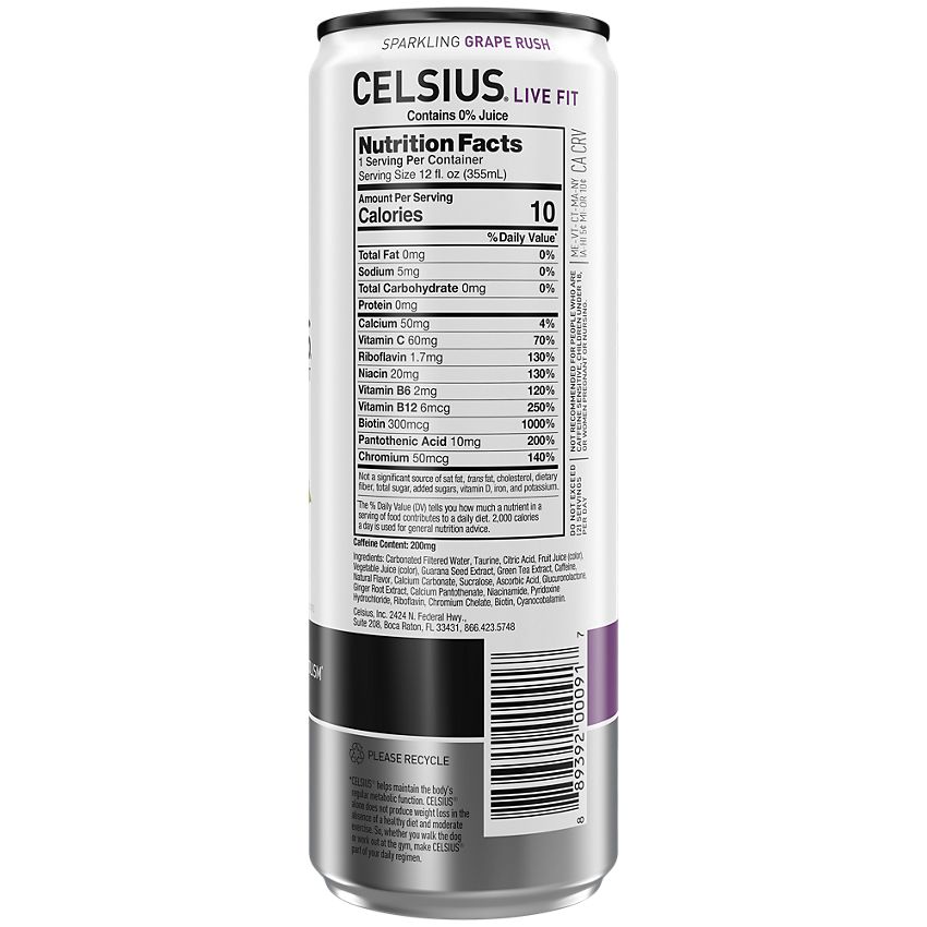 Celsius Live Fit Sparkling Energy Drink - No Sugar - Grape Rush (12 Drinks, 12 Fl Oz. Each)