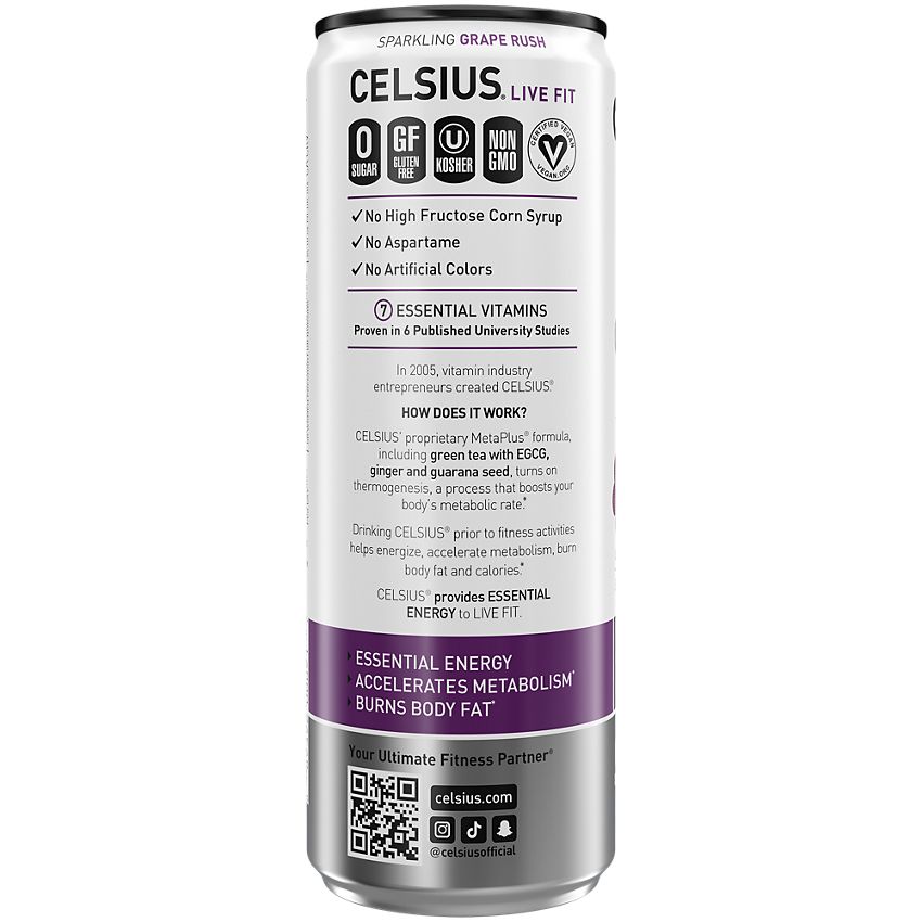 Celsius Live Fit Sparkling Energy Drink - No Sugar - Grape Rush (12 Drinks, 12 Fl Oz. Each)