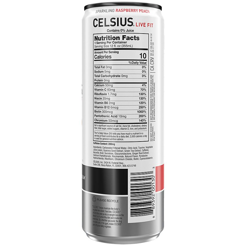 Celsius- Live Fit Sparkling Energy Drink - No Sugar - Raspberry Peach (12 Drinks, 12 Fl Oz. Each)