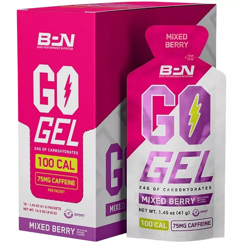Bare Performance Nutrition Go Gel - Endurance Gel Packets with 24g of Carbs & 75MG of Caffeine - Mixed Berry (10 Single Serving Packets)