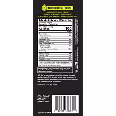 Bare Performance Nutrition Go Gel - Endurance Gel Packets with 24g of Carbs - Apple Cinnamon (10 Single Serving Packets)