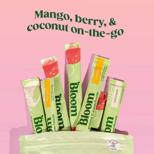 Bloom Nutrition Greens & Superfoods Powder Sticks, for Gut Health, Mango, Berry, and Coconut Flavor, 12 Count