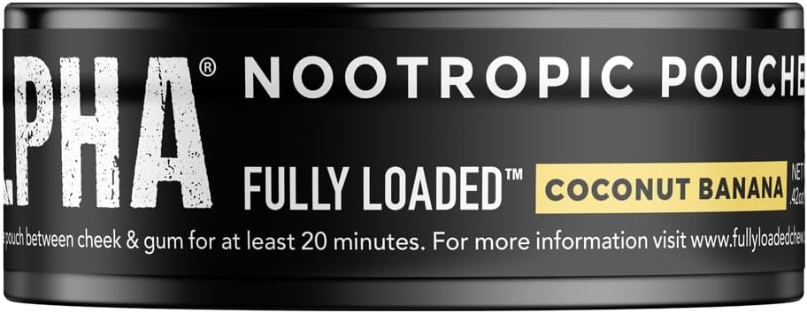 Fully Loaded Alpha Nootropic Pouches (Coconut Banana) - 5 Cans - 15 Pouches per can - Effective Nootropic Delivery, Nic Pouch Replacement - Faster Absorption, Alpha GPC, L-Tyrosine, GABA