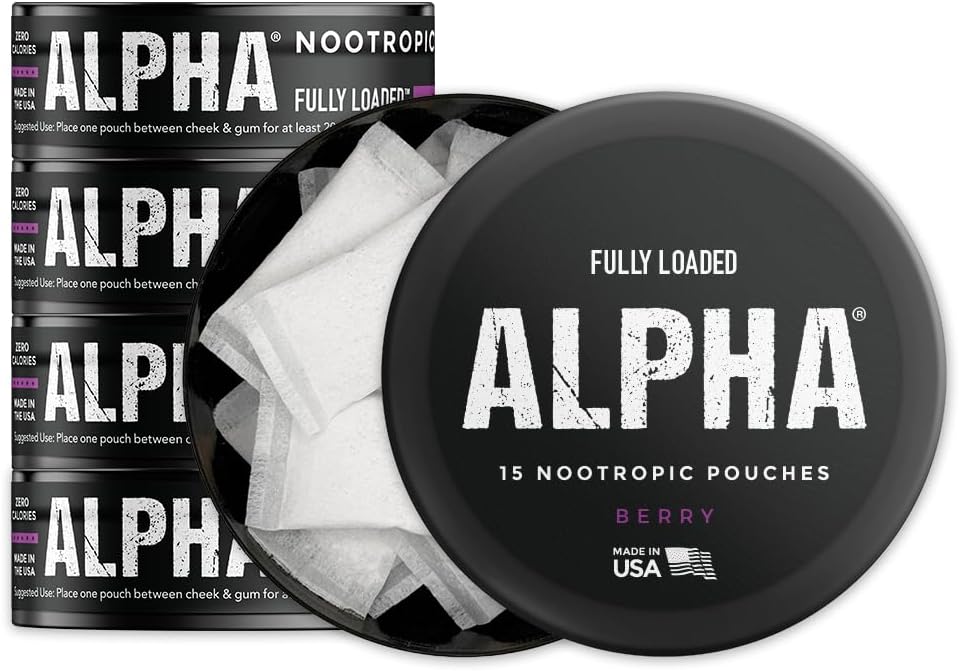 Fully Loaded Alpha Nootropic Pouches (Berry) - 5 Cans - 15 Pouches per can - Effective Nootropic Delivery, Nic Pouch Replacement - Faster Absorption, Alpha GPC, L-Tyrosine, GABA