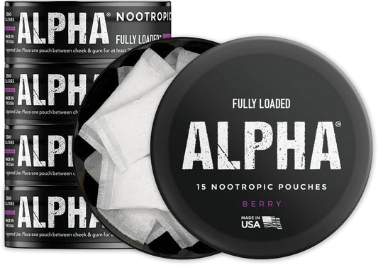 Fully Loaded Alpha Nootropic Pouches (Berry) - 5 Cans - 15 Pouches per can - Effective Nootropic Delivery, Nic Pouch Replacement - Faster Absorption, Alpha GPC, L-Tyrosine, GABA