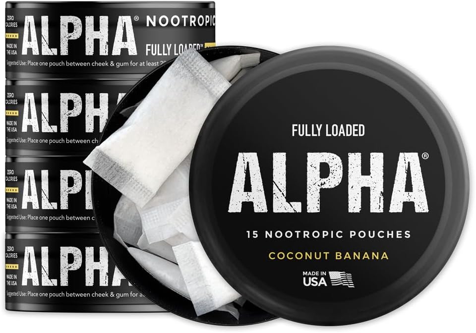 Fully Loaded Alpha Nootropic Pouches (Coconut Banana) - 5 Cans - 15 Pouches per can - Effective Nootropic Delivery, Nic Pouch Replacement - Faster Absorption, Alpha GPC, L-Tyrosine, GABA