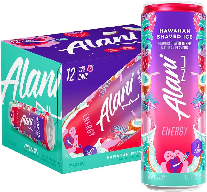12 Pack- Alani Nu HAWAIIAN SHAVED ICE, Sugar Free, Low Calorie Energy Drinks, 200mg Caffeine, Biotin, B Vitamins, Zero Sugar, 10 Calories, 12 Fl Oz Cans