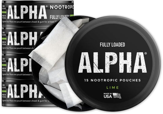 Fully Loaded Alpha Nootropic Pouches (Lime) - 5 Cans - 15 Pouches per can - Effective Nootropic Delivery, Nic Pouch Replacement - Faster Absorption, Alpha GPC, L-Tyrosine, GABA