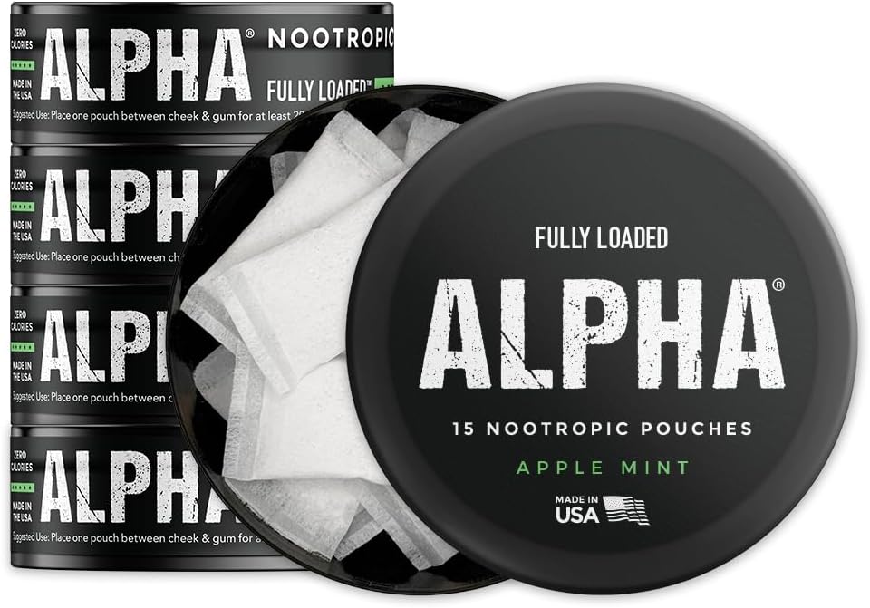 Fully Loaded Alpha Nootropic Pouches (Apple Mint) - 5 Cans - 15 Pouches per can - Effective Nootropic Delivery, Nic Pouch Replacement - Faster Absorption, Alpha GPC, L-Tyrosine, GABA