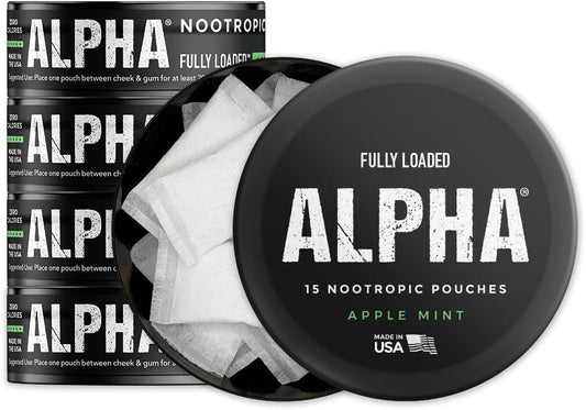 Fully Loaded Alpha Nootropic Pouches (Apple Mint) - 5 Cans - 15 Pouches per can - Effective Nootropic Delivery, Nic Pouch Replacement - Faster Absorption, Alpha GPC, L-Tyrosine, GABA