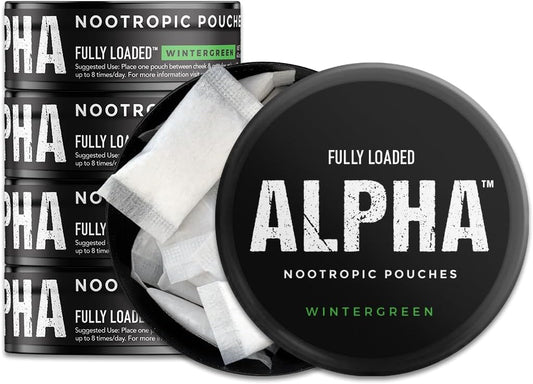 Fully Loaded Alpha Nootropic Pouches (Wintergreen) - 5 Cans - 15 Pouches per can - Effective Nootropic Delivery, Nic Pouch Replacement - Faster Absorption, Alpha GPC, L-Tyrosine, GABA