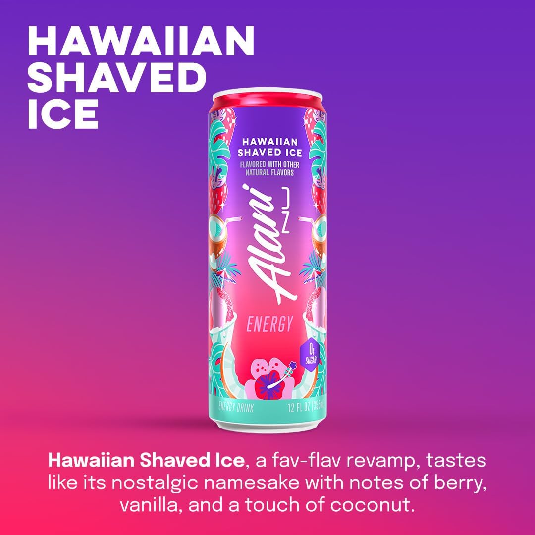 12 Pack- Alani Nu HAWAIIAN SHAVED ICE, Sugar Free, Low Calorie Energy Drinks, 200mg Caffeine, Biotin, B Vitamins, Zero Sugar, 10 Calories, 12 Fl Oz Cans