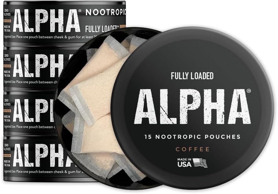 Fully Loaded Alpha Nootropic Pouches (Coffee) - 5 Cans - 15 Pouches per can - Effective Nootropic Delivery, Nic Pouch Replacement - Faster Absorption, Alpha GPC, L-Tyrosine, GABA