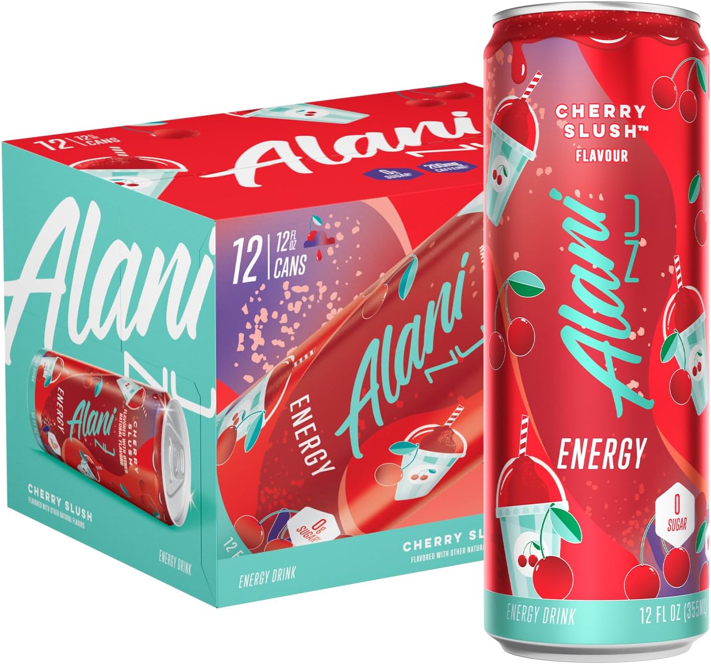 12 Pack- Alani Nu CHERRY SLUSH Sugar Free, Low Calorie Energy Drinks, 200mg Caffeine, Biotin B Vitamins, Zero Sugar, 10 Calories, 12 Fl Oz Cans