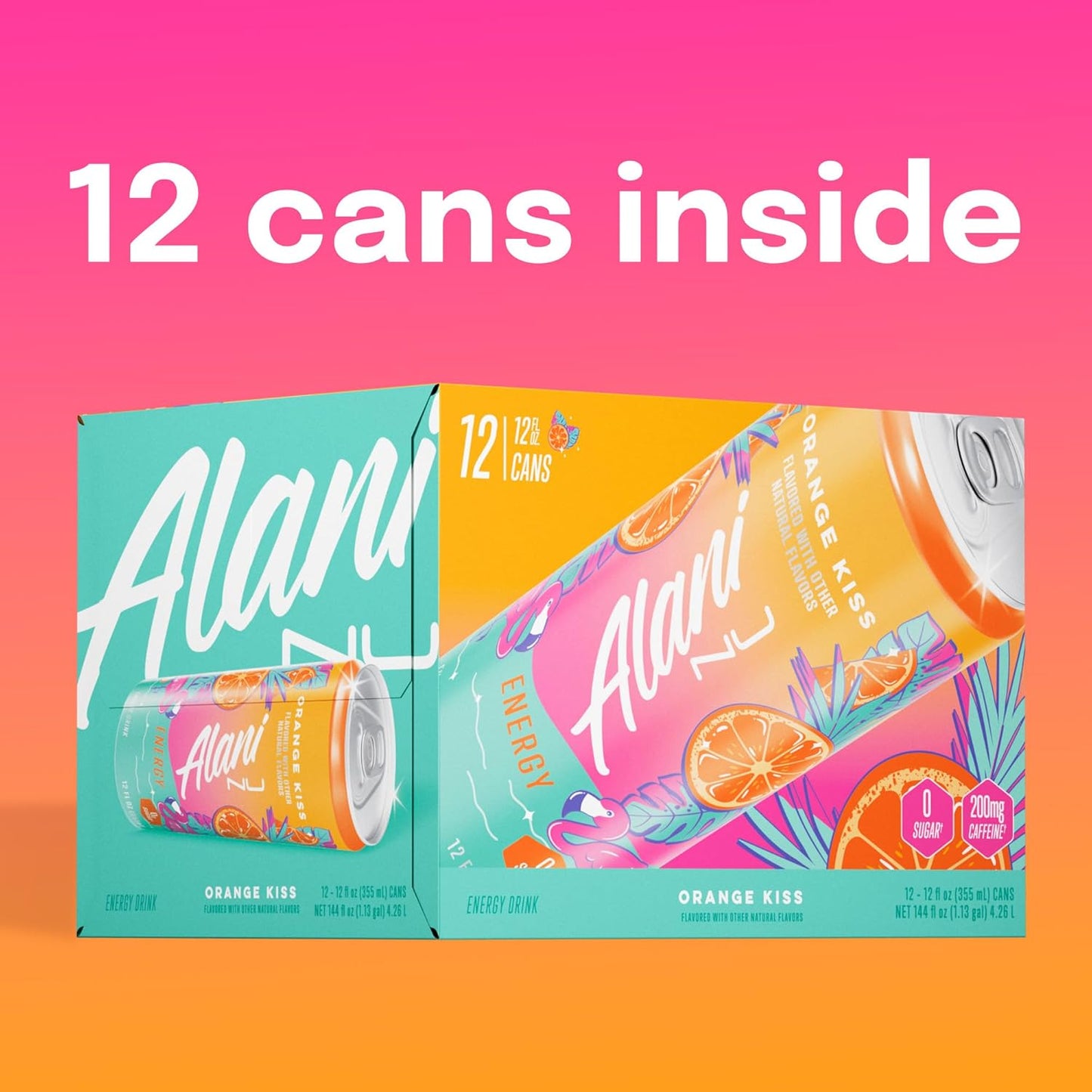 24 Pack- Alani Nu ORANGE KISS, Sugar Free, Low Calorie Energy Drinks, 200mg Caffeine, Biotin, B Vitamins, Zero Sugar, 10 Calories, 12 Fl Oz Cans