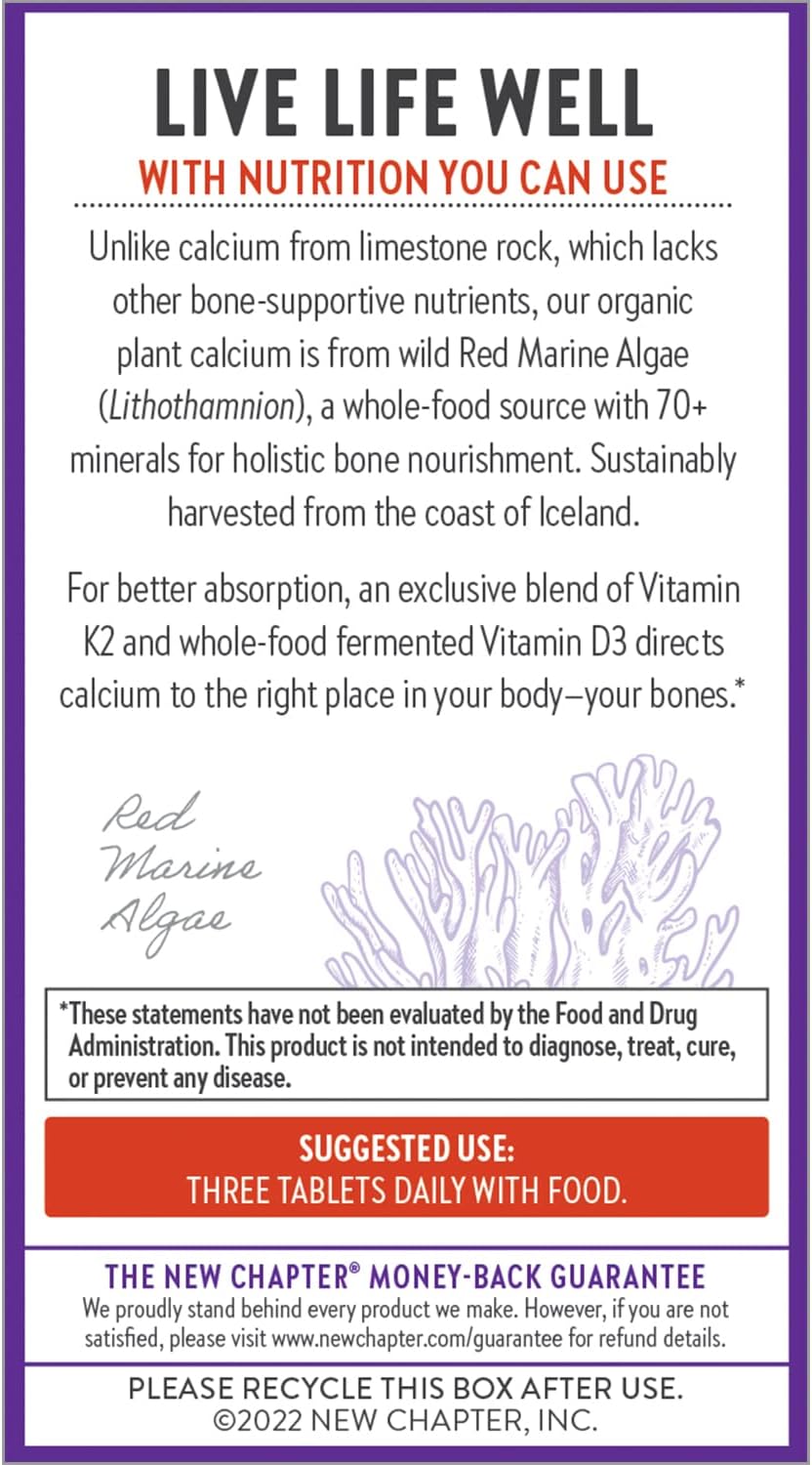 New Chapter Calcium Supplement - Bone Strength Organic Calcium with Magnesium, Vitamin D3+K2, 70+ Trace Minerals for Bone Health, Gluten Free, Easy to Swallow Slim Tablets - 120 Count