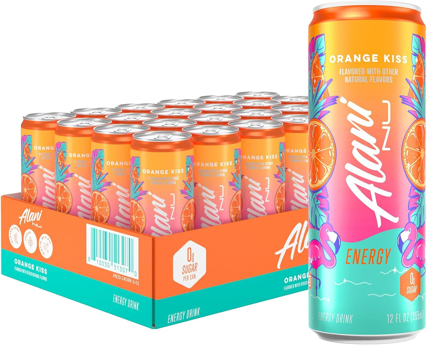 24 Pack- Alani Nu ORANGE KISS, Sugar Free, Low Calorie Energy Drinks, 200mg Caffeine, Biotin, B Vitamins, Zero Sugar, 10 Calories, 12 Fl Oz Cans