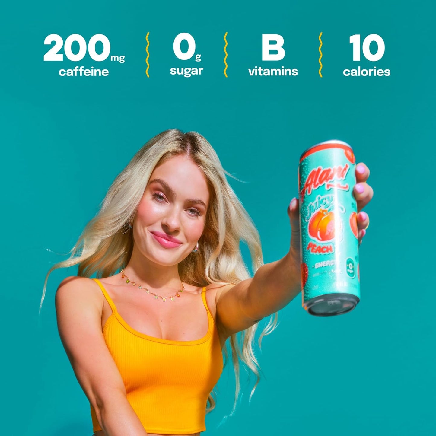 24 Pack- Alani Nu JUICY PEACH, Sugar Free, Low Calorie Energy Drinks, 200mg Caffeine, Biotin, B Vitamins, Zero Sugar, 10 Calories, 12 Fl Oz Cans