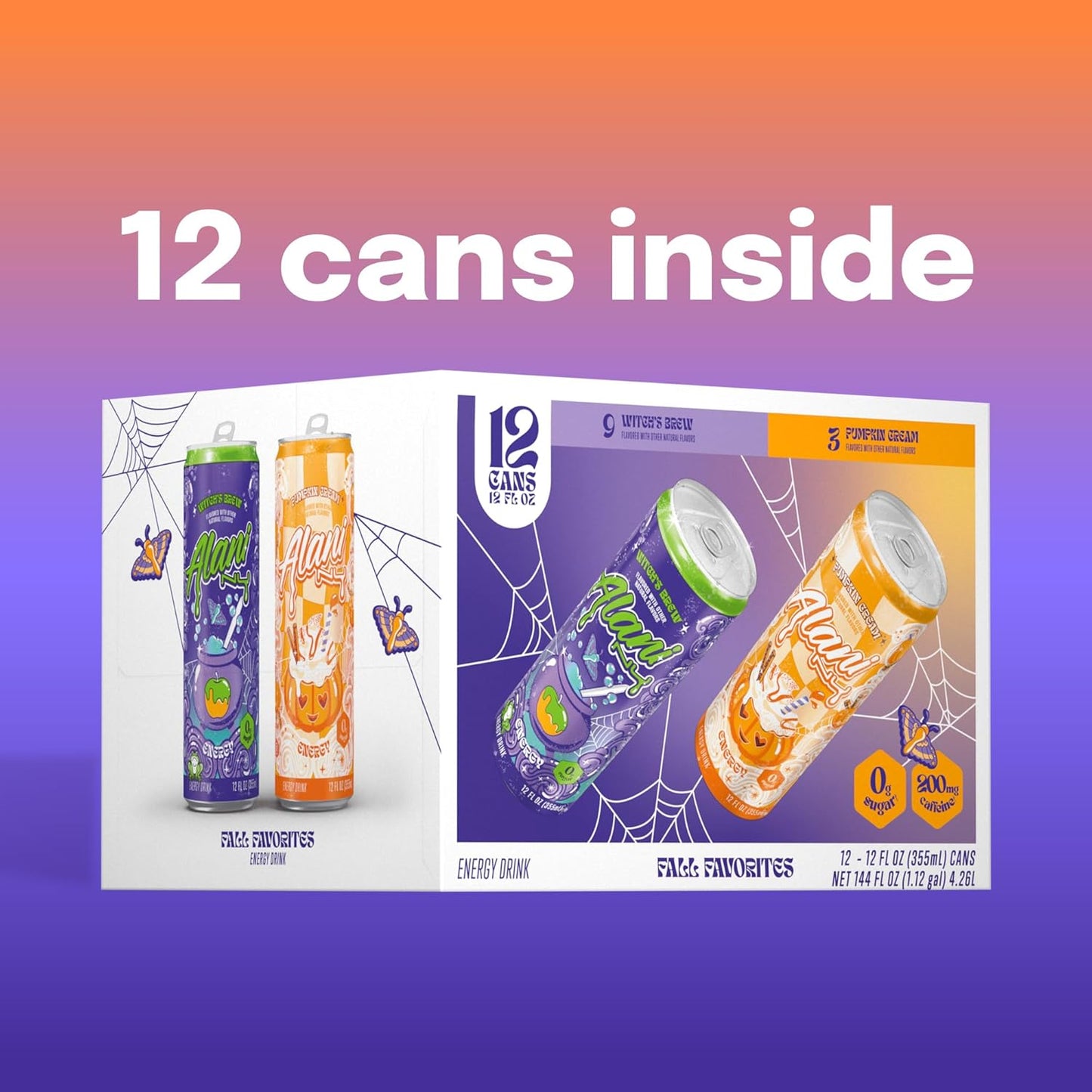 (12 Pack)Alani Nu VARIETY PACK - WITCH'S BREW & PUMPKIN CREAM Sugar Free, Low Calorie Energy Drinks, 200mg Caffeine, Antioxidants, Biotin B Vitamins, Zero Sugar, 15 Calories or Less, 12 Fl Oz Cans