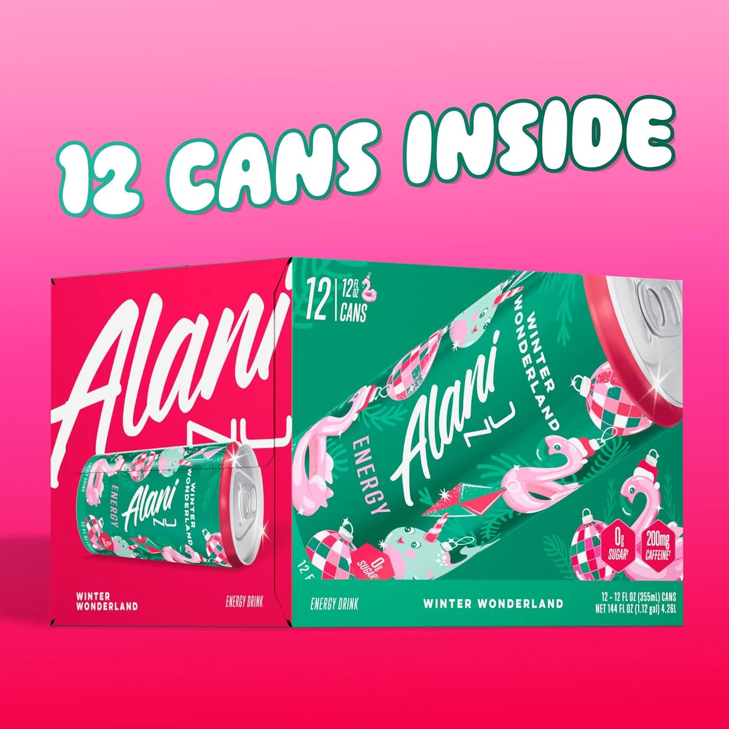 12 Pack- Alani Nu WINTER WONDERLAND Sugar Free, Low Calorie Energy Drinks | 200mg Caffeine | Biotin B Vitamins | Zero Sugar | 10 Calories | 12 Fl Oz Cans
