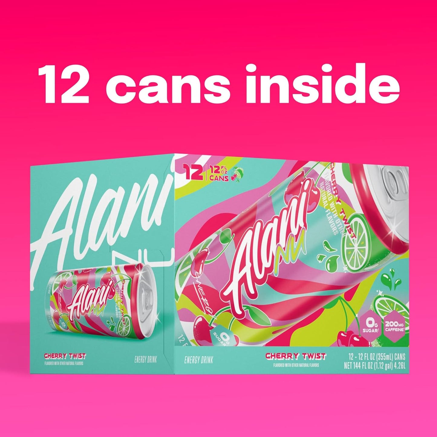 24 Pack-Alani Nu CHERRY TWIST, Sugar Free, Low Calorie Energy Drinks, 200mg Caffeine, Biotin, B Vitamins, Zero Sugar, 15 Calories, 12 Fl Oz Cans