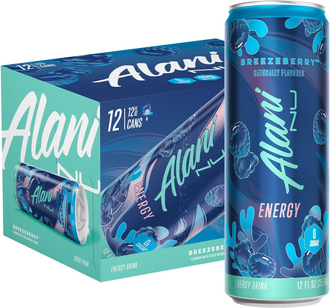 12 Pack-Alani Nu- BREEZEBERRY-Sugar Free, Low Calorie Energy Drinks, 200mg Caffeine, Biotin, B Vitamins, Zero Sugar, 10 Calories, 12 Fl Oz Cans