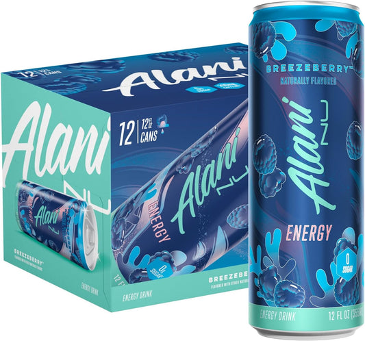 12 Pack-Alani Nu- BREEZEBERRY-Sugar Free, Low Calorie Energy Drinks, 200mg Caffeine, Biotin, B Vitamins, Zero Sugar, 10 Calories, 12 Fl Oz Cans