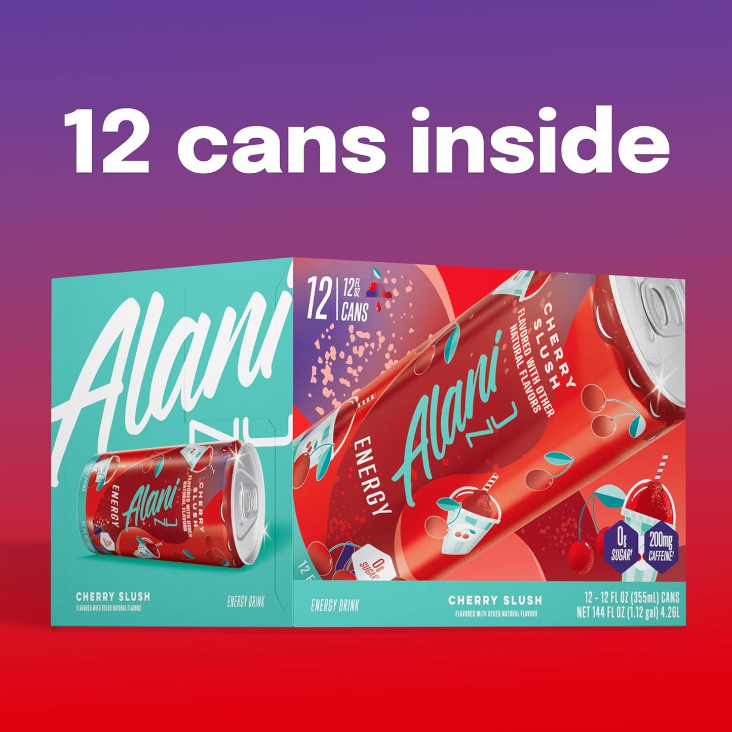 12 Pack- Alani Nu CHERRY SLUSH Sugar Free, Low Calorie Energy Drinks, 200mg Caffeine, Biotin B Vitamins, Zero Sugar, 10 Calories, 12 Fl Oz Cans