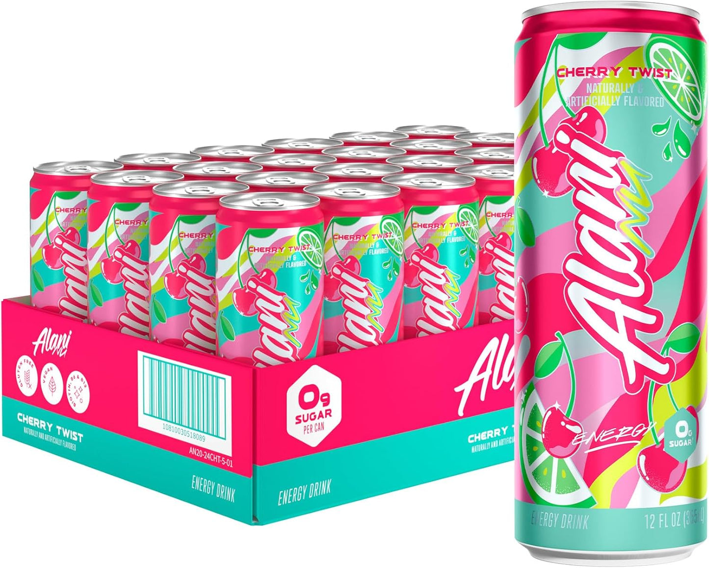 24 Pack-Alani Nu CHERRY TWIST, Sugar Free, Low Calorie Energy Drinks, 200mg Caffeine, Biotin, B Vitamins, Zero Sugar, 15 Calories, 12 Fl Oz Cans