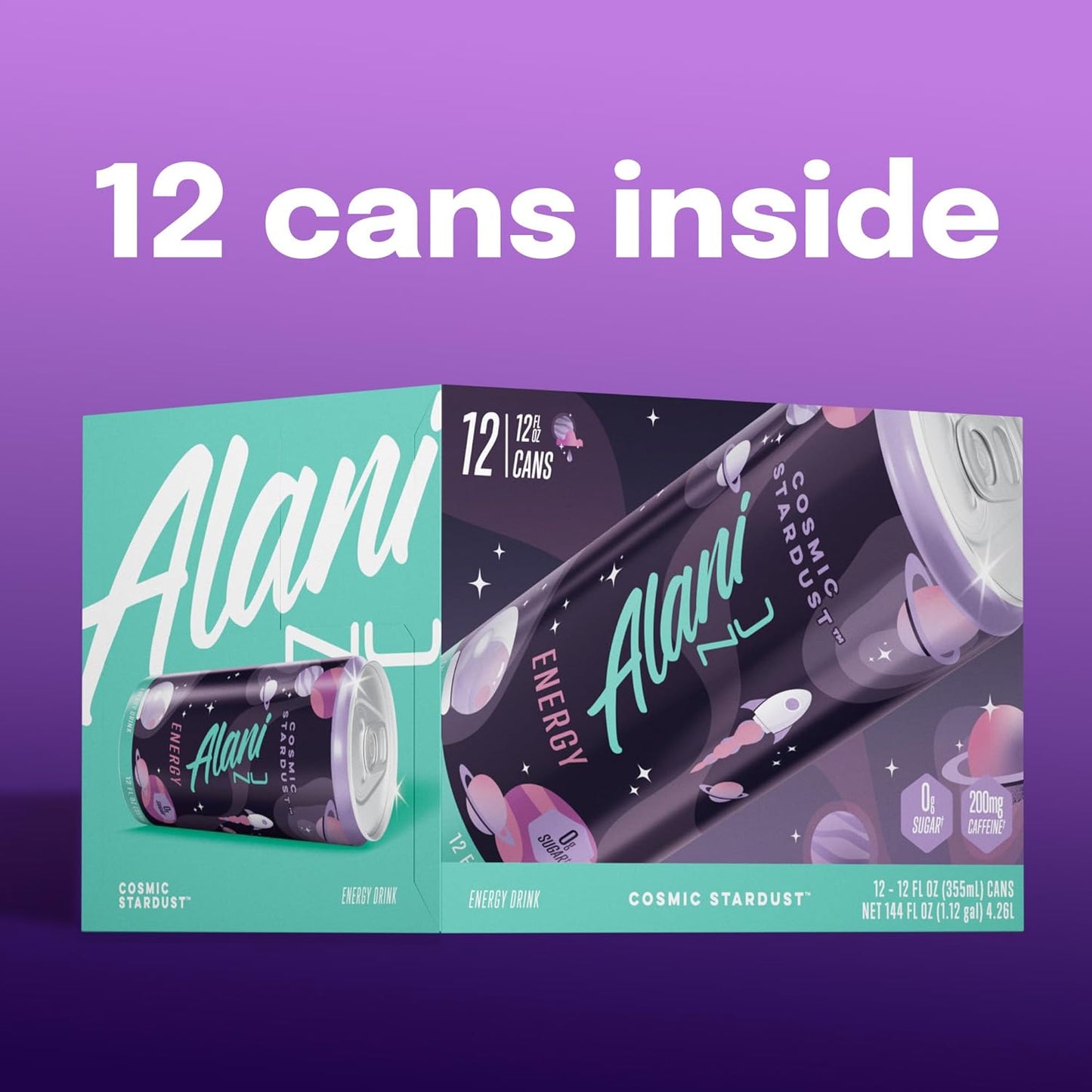 24 Pack-Alani Nu COSMIC STARDUST, Sugar Free, Low Calorie Energy Drinks, 200mg Caffeine, Biotin, B Vitamins, Zero Sugar, 10 Calories, 12 Fl Oz Cans