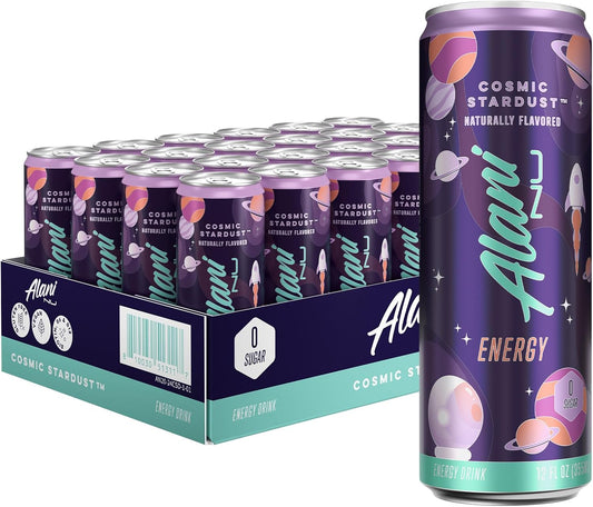 24 Pack-Alani Nu COSMIC STARDUST, Sugar Free, Low Calorie Energy Drinks, 200mg Caffeine, Biotin, B Vitamins, Zero Sugar, 10 Calories, 12 Fl Oz Cans
