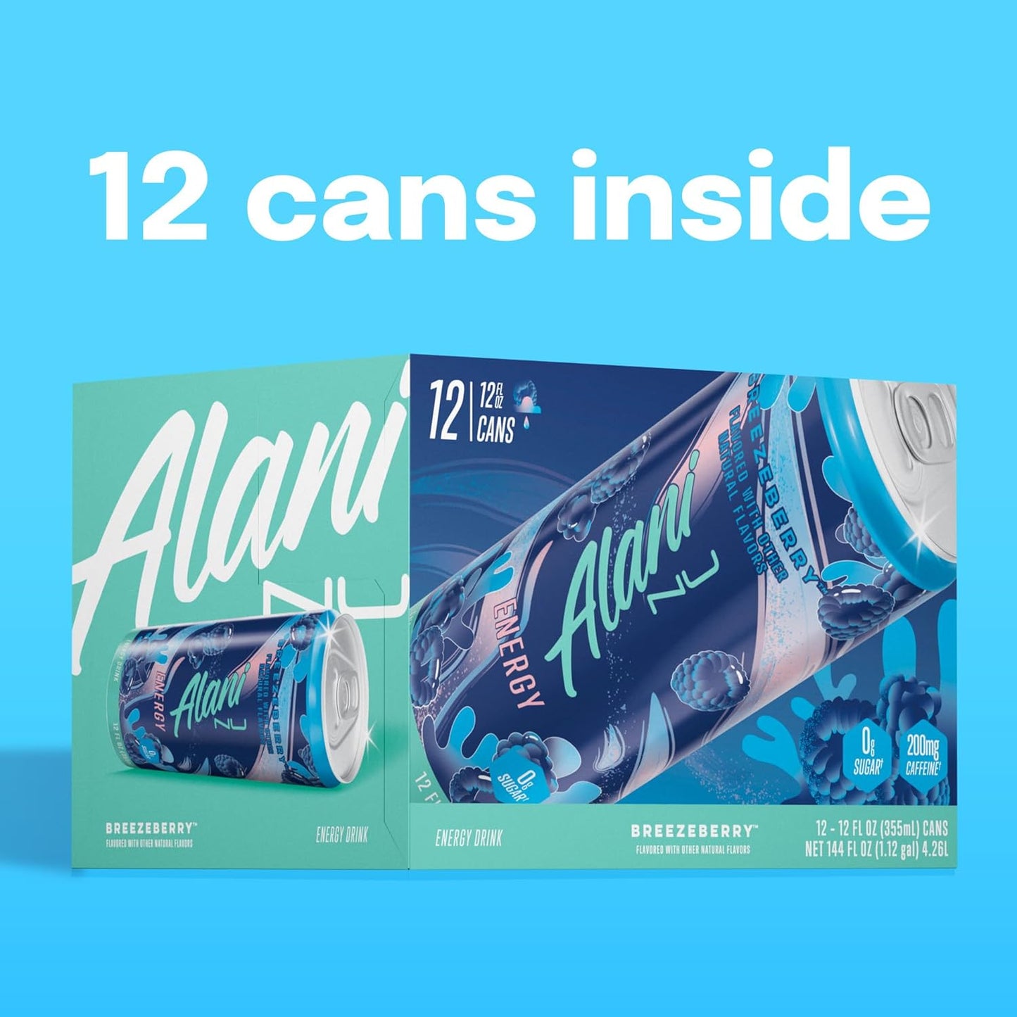 12 Pack-Alani Nu- BREEZEBERRY-Sugar Free, Low Calorie Energy Drinks, 200mg Caffeine, Biotin, B Vitamins, Zero Sugar, 10 Calories, 12 Fl Oz Cans