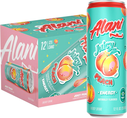 12 Pack- Alani Nu JUICY PEACH, Sugar Free, Low Calorie Energy Drinks, 200mg Caffeine, Biotin, B Vitamins, Zero Sugar, 10 Calories, 12 Fl Oz Cans