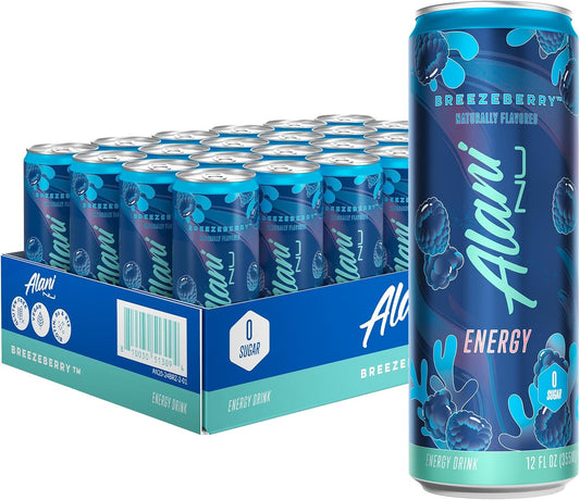 24 Pack-Alani Nu BREEZEBERRY, Sugar Free, Low Calorie Energy Drinks, 200mg Caffeine, Biotin, B Vitamins, Zero Sugar, 10 Calories, 12 Fl Oz Cans
