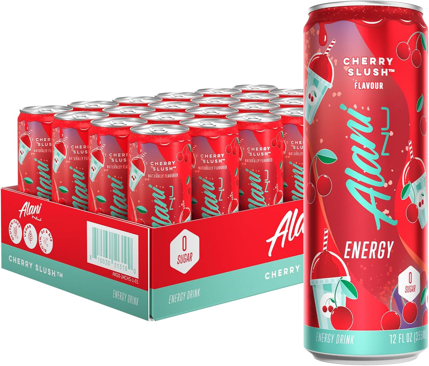24 Pack- Alani Nu CHERRY SLUSH, Sugar Free, Low Calorie Energy Drinks, 200mg Caffeine, Biotin, B Vitamins, Zero Sugar, 10 Calories, 12 Fl Oz Cans