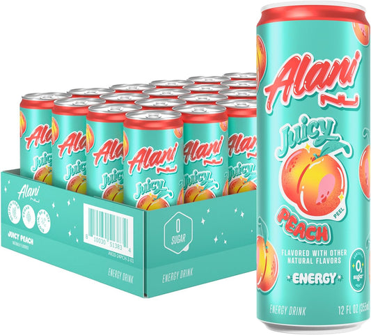 24 Pack- Alani Nu JUICY PEACH, Sugar Free, Low Calorie Energy Drinks, 200mg Caffeine, Biotin, B Vitamins, Zero Sugar, 10 Calories, 12 Fl Oz Cans