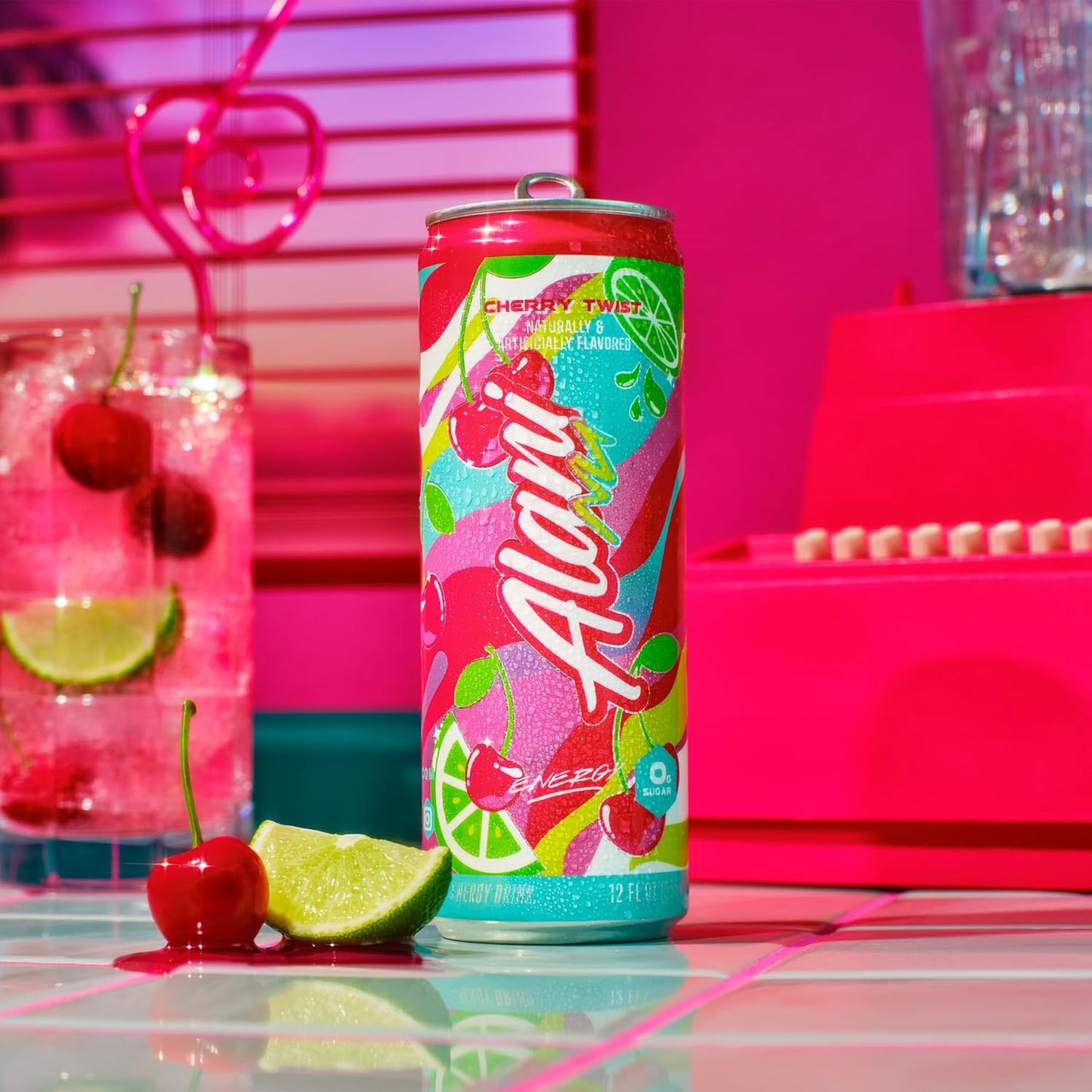 24 Pack-Alani Nu CHERRY TWIST, Sugar Free, Low Calorie Energy Drinks, 200mg Caffeine, Biotin, B Vitamins, Zero Sugar, 15 Calories, 12 Fl Oz Cans