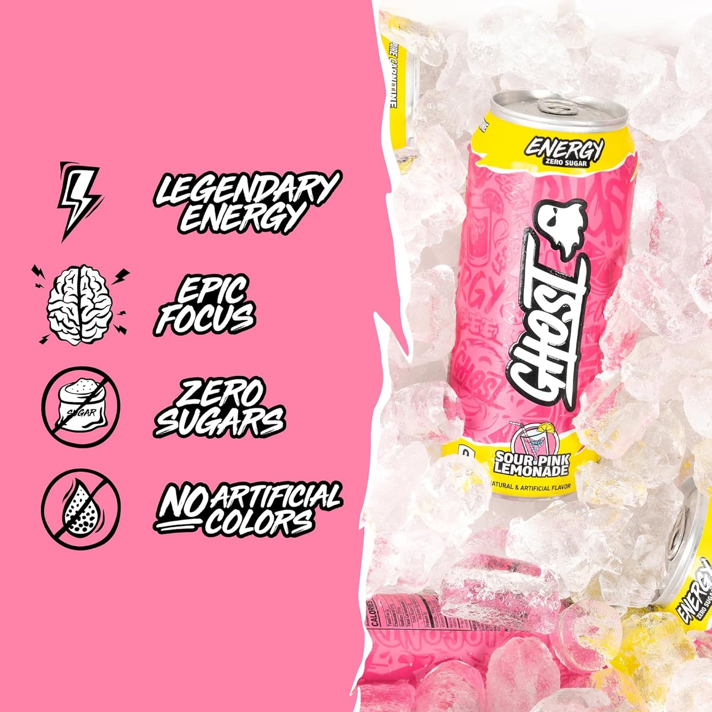 GHOST Energy Drink - Zero Sugar - Sour Pink Lemonade (12 Drinks, 16 Fl Oz. Each)