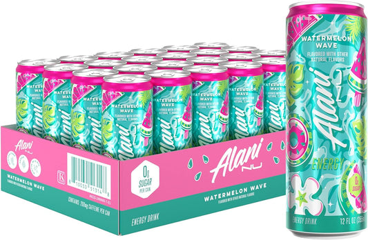 24 Pack- Alani Nu WATERMELON WAVE, Sugar Free, Low Calorie Energy Drinks, 200mg Caffeine, Biotin, B Vitamins, Zero Sugar, 10 Calories, 12 Fl Oz Cans