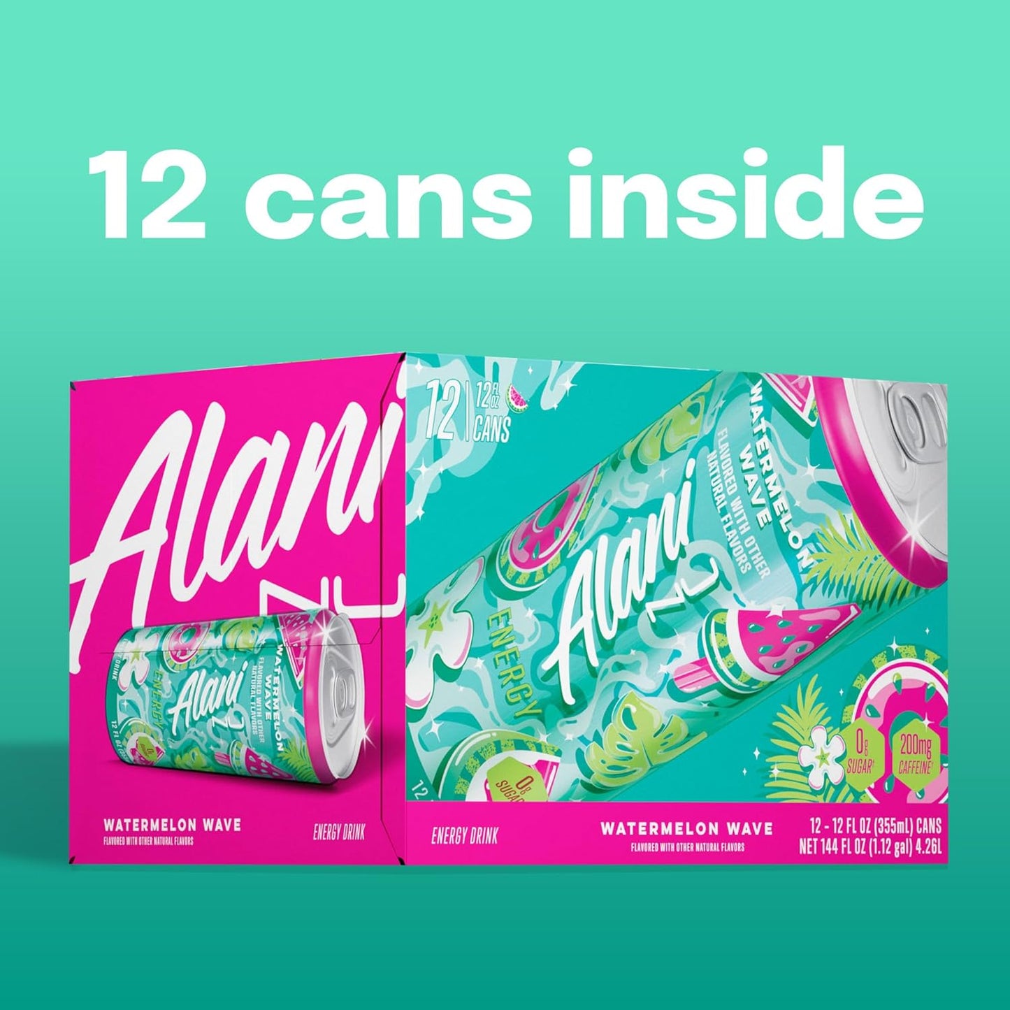 12 Pack- Alani Nu WATERMELON WAVE, Sugar Free, Low Calorie Energy Drinks, 200mg Caffeine, Biotin, B Vitamins, Zero Sugar, 10 Calories, 12 Fl Oz Cans