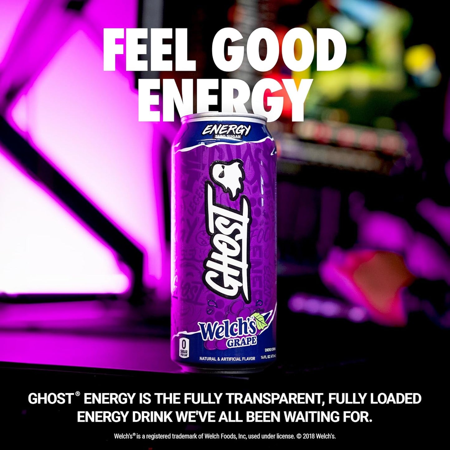 GHOST Energy Drink - Zero Sugar - Welch's Grape (12 Drinks, 16 Fl Oz. Each)