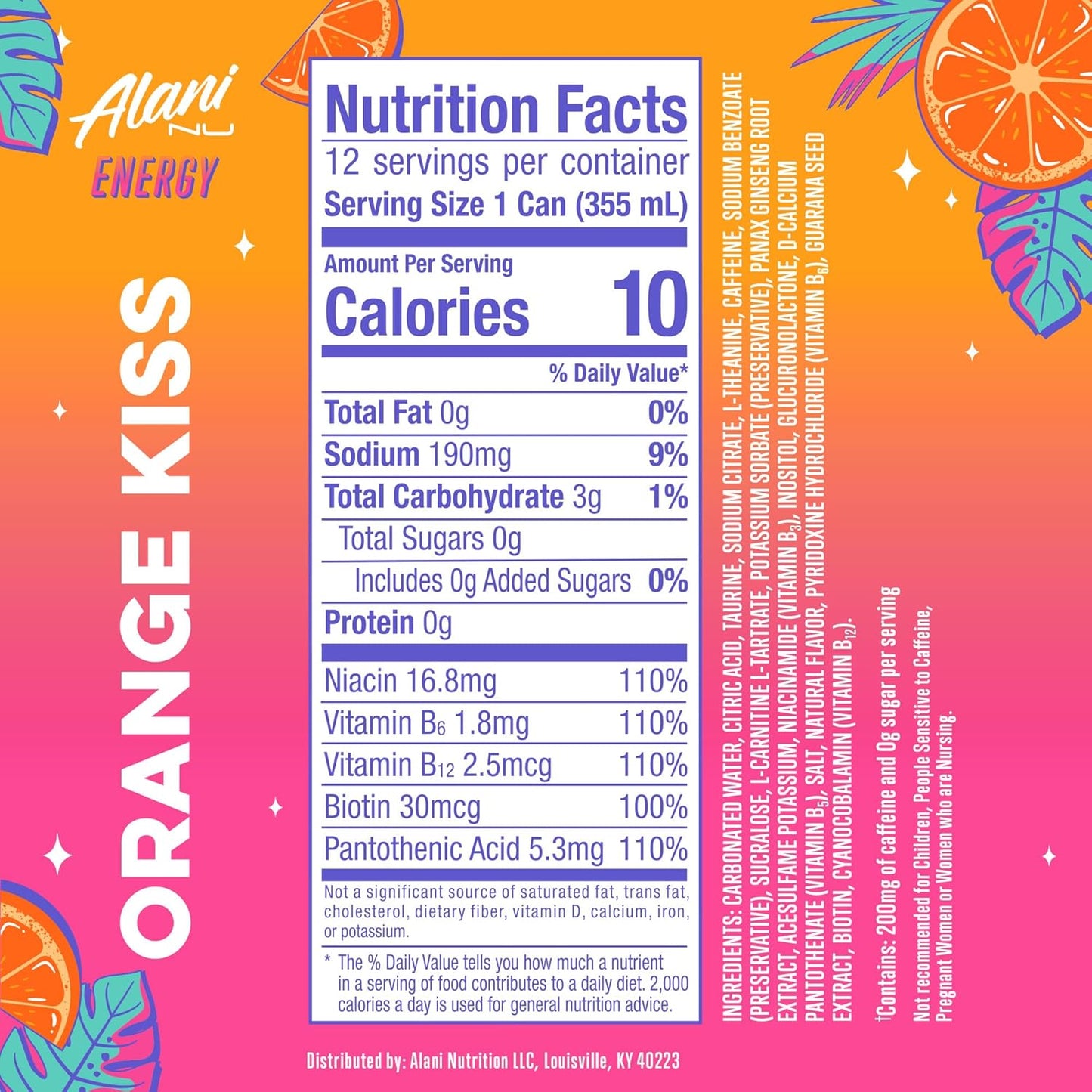 12 Pack- Alani Nu ORANGE KISS, Sugar Free, Low Calorie Energy Drinks, 200mg Caffeine, Biotin, B Vitamins, Zero Sugar, 10 Calories, 12 Fl Oz Cans