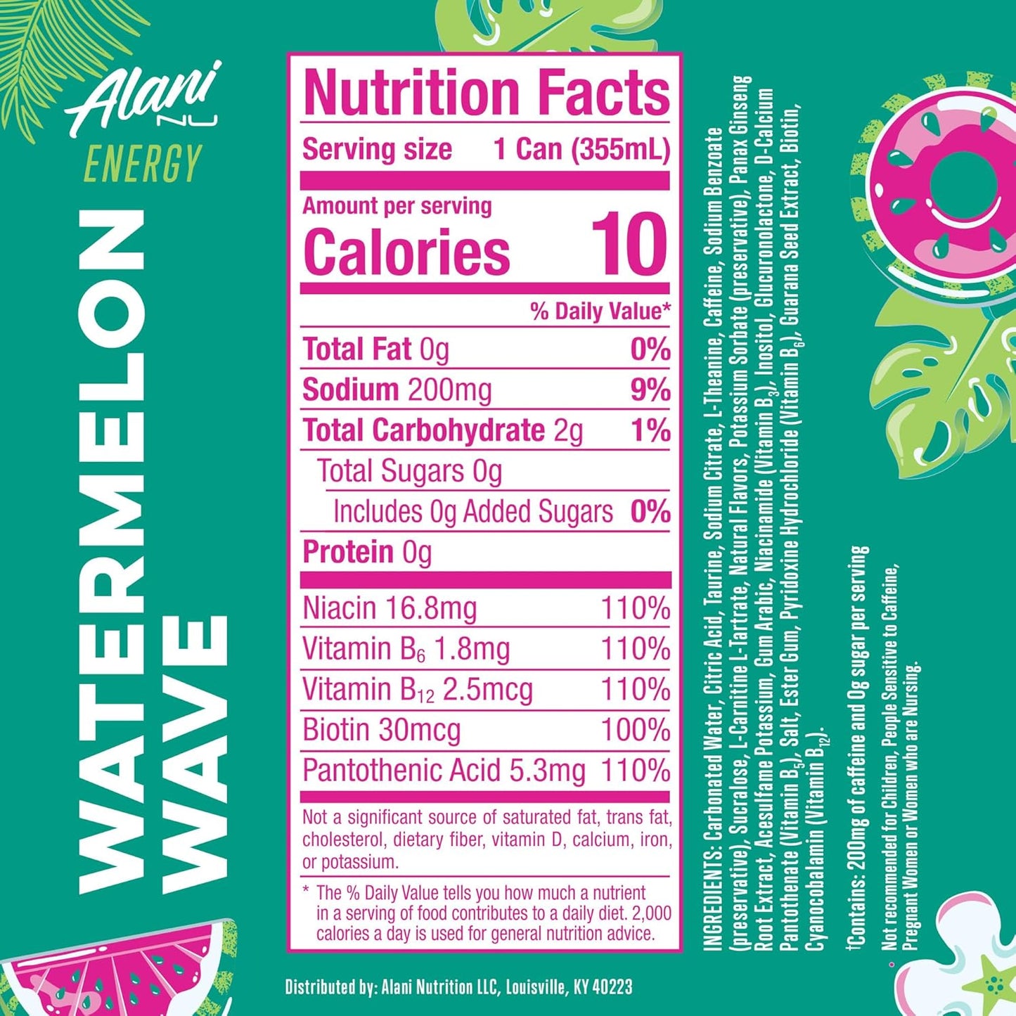 24 Pack- Alani Nu WATERMELON WAVE, Sugar Free, Low Calorie Energy Drinks, 200mg Caffeine, Biotin, B Vitamins, Zero Sugar, 10 Calories, 12 Fl Oz Cans