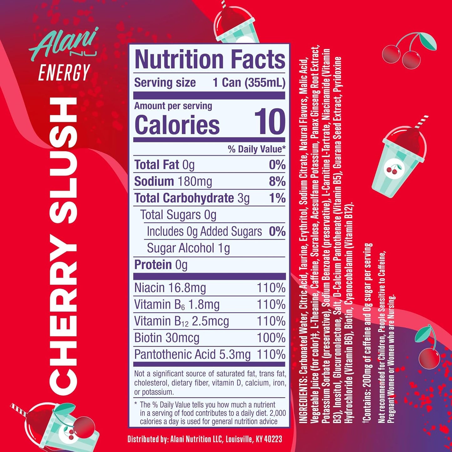 12 Pack- Alani Nu CHERRY SLUSH Sugar Free, Low Calorie Energy Drinks, 200mg Caffeine, Biotin B Vitamins, Zero Sugar, 10 Calories, 12 Fl Oz Cans