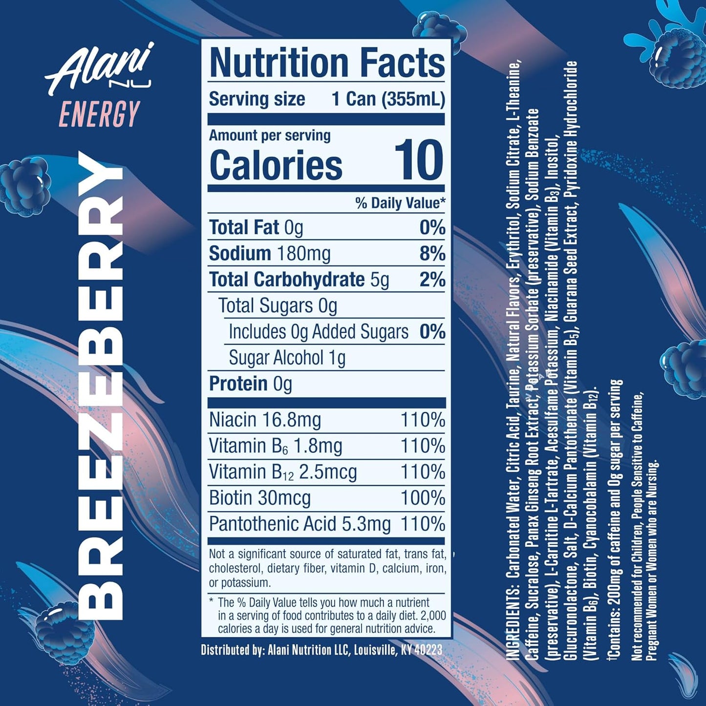 24 Pack-Alani Nu BREEZEBERRY, Sugar Free, Low Calorie Energy Drinks, 200mg Caffeine, Biotin, B Vitamins, Zero Sugar, 10 Calories, 12 Fl Oz Cans