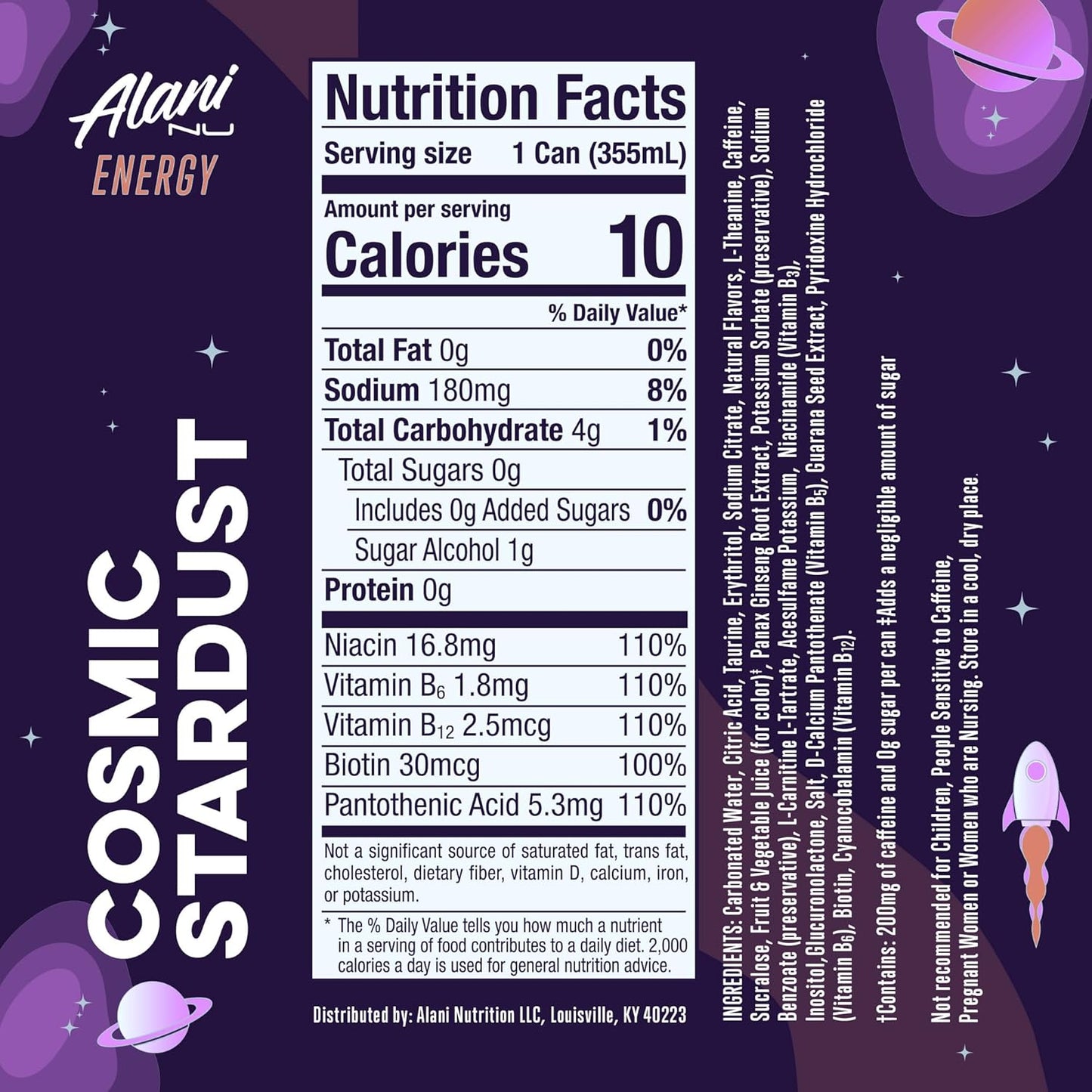 24 Pack-Alani Nu COSMIC STARDUST, Sugar Free, Low Calorie Energy Drinks, 200mg Caffeine, Biotin, B Vitamins, Zero Sugar, 10 Calories, 12 Fl Oz Cans